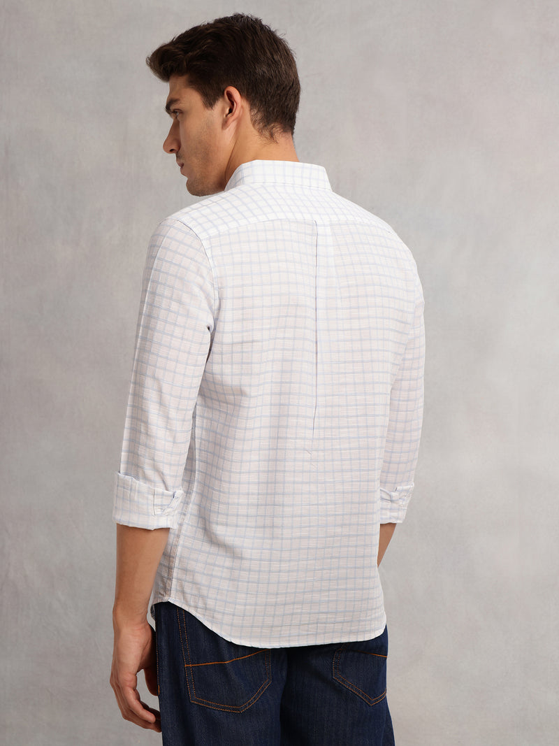 Thomas Scott Men Blue Regular Fit Long Sleeves Button Down Collar Windowpane Check 100% Cotton Casual Shirt