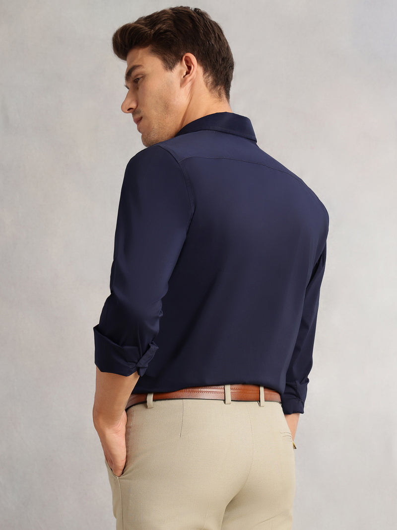 Thomas Scott Men Navy Premium Regular Fit Long Sleeves Spread Collar Solid 100% Cotton Formal Shirt