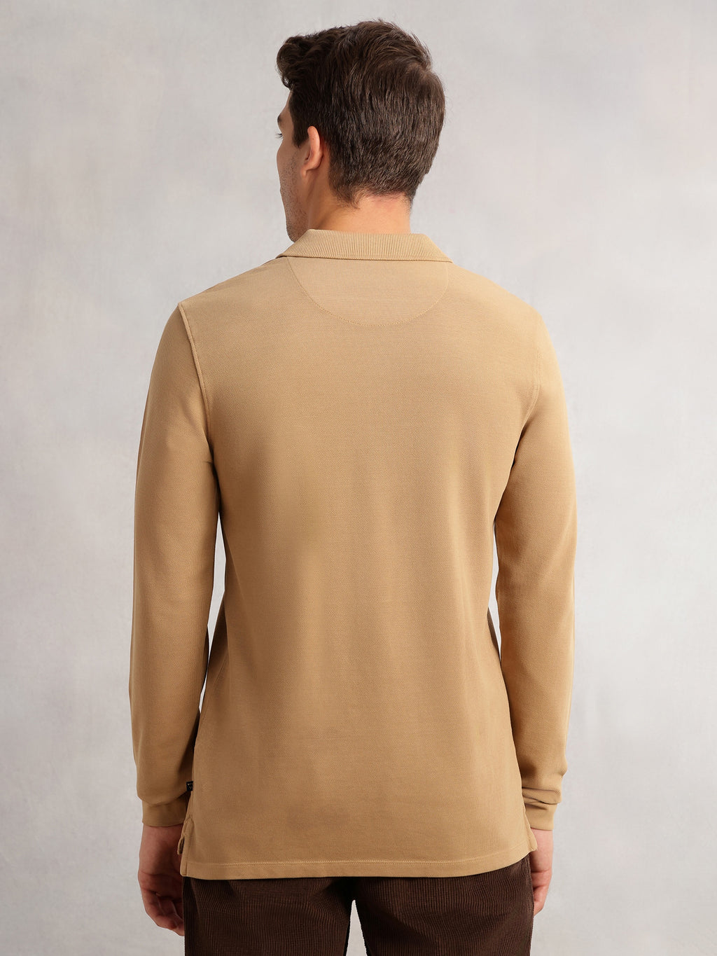 Thomas Scott Men Beige Regular Fit Solid Polo Collar Long Sleeve Pure Cotton Knitted T-shirt