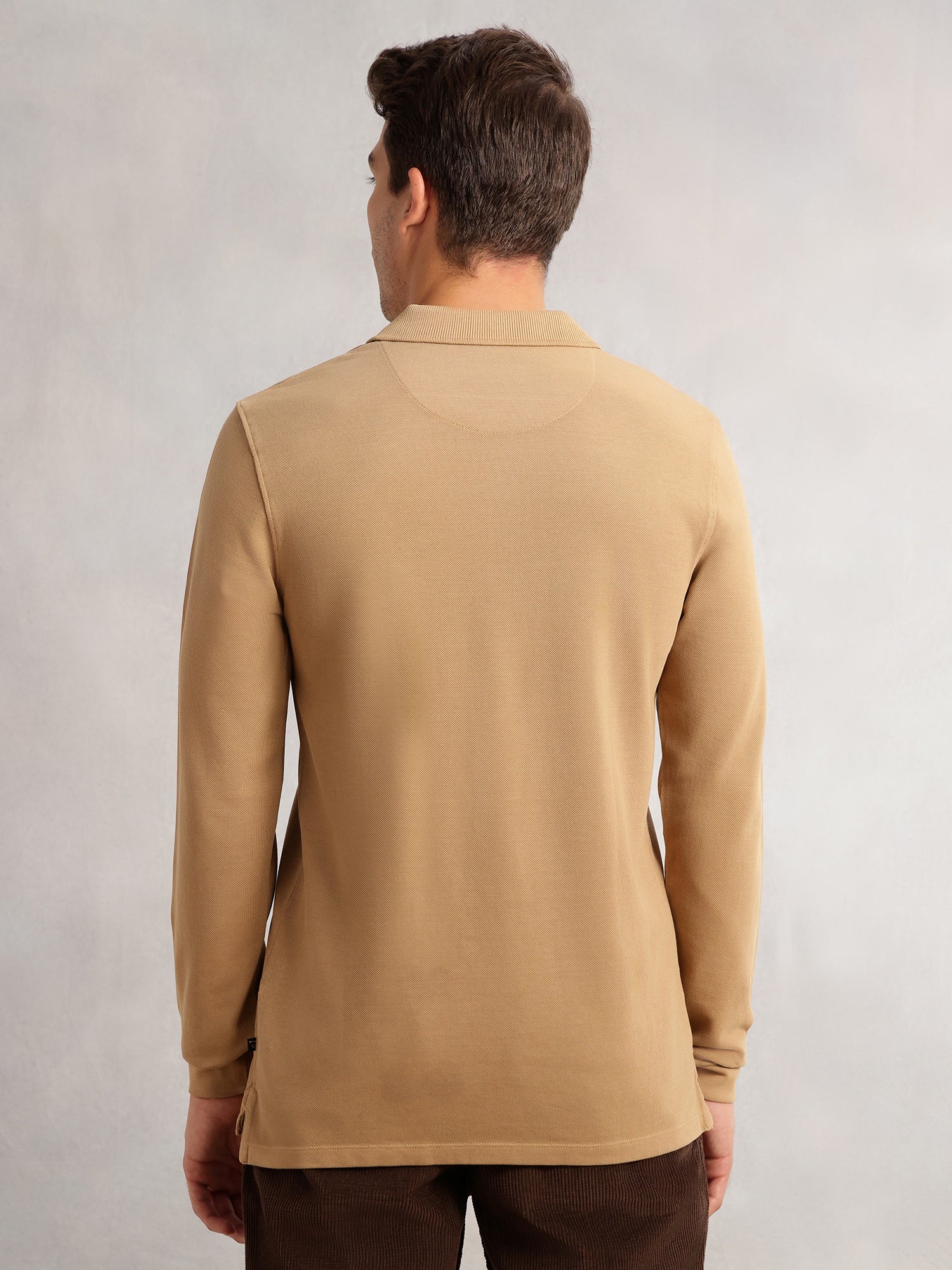 Thomas Scott Men Beige Regular Fit Solid Polo Collar Long Sleeve Pure Cotton Knitted T-shirt