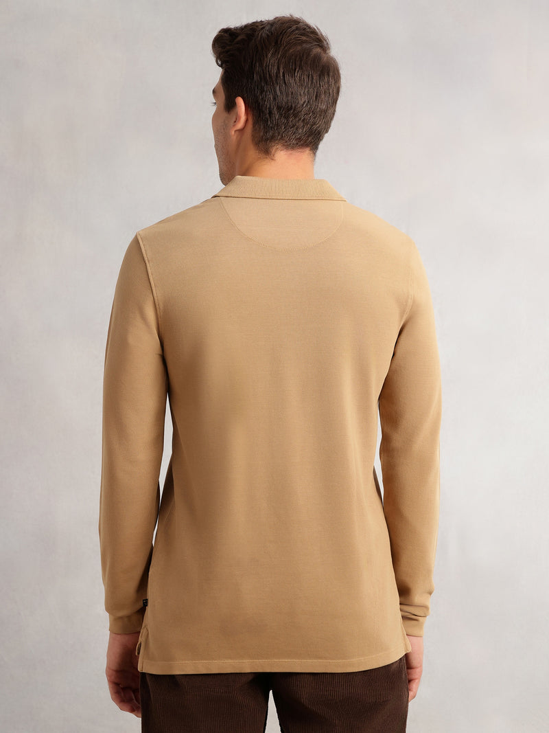 Thomas Scott Men Beige Regular Fit Solid Polo Collar Long Sleeve Pure Cotton Knitted T-shirt