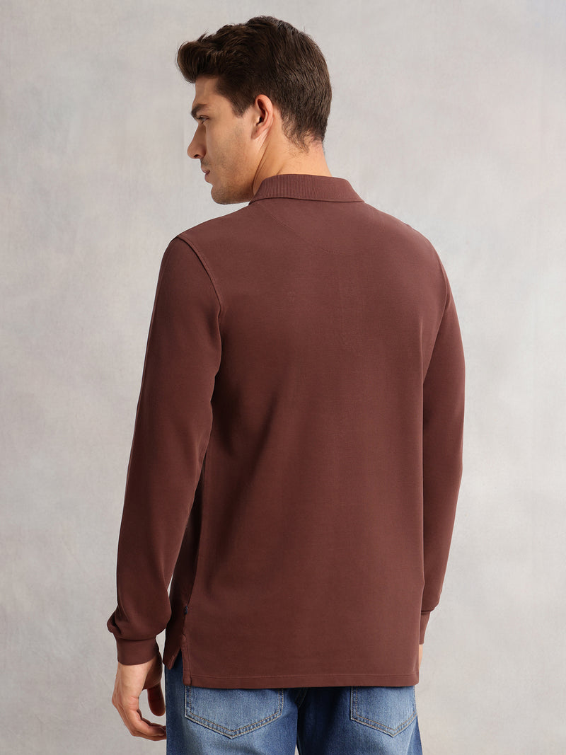 Thomas Scott Men Brown Regular Fit Solid Polo Collar Long Sleeve Pure Cotton Knitted T-shirt