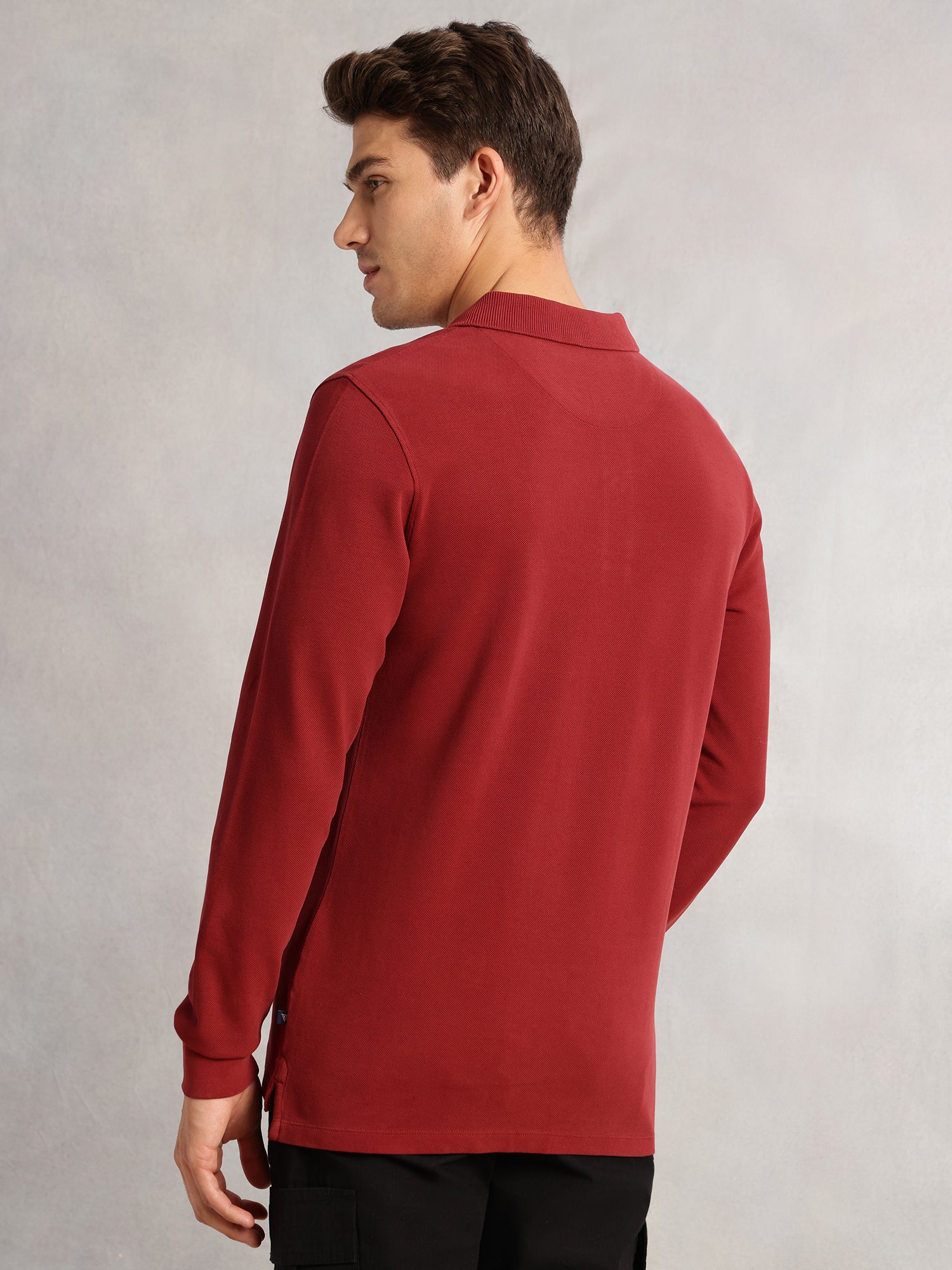Thomas Scott Men Red Regular Fit Solid Polo Collar Long Sleeve Pure Cotton Knitted T-shirt