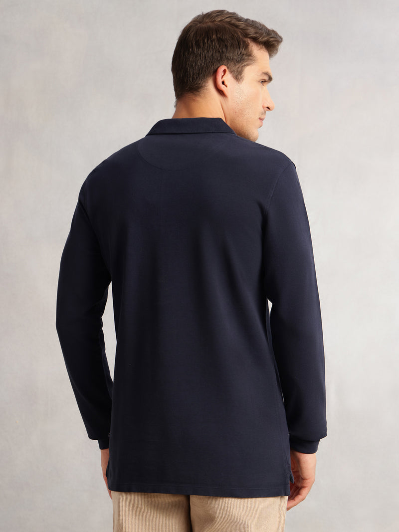 Thomas Scott Men Navy Regular Fit Solid Polo Collar Long Sleeve Pure Cotton Knitted T-shirt