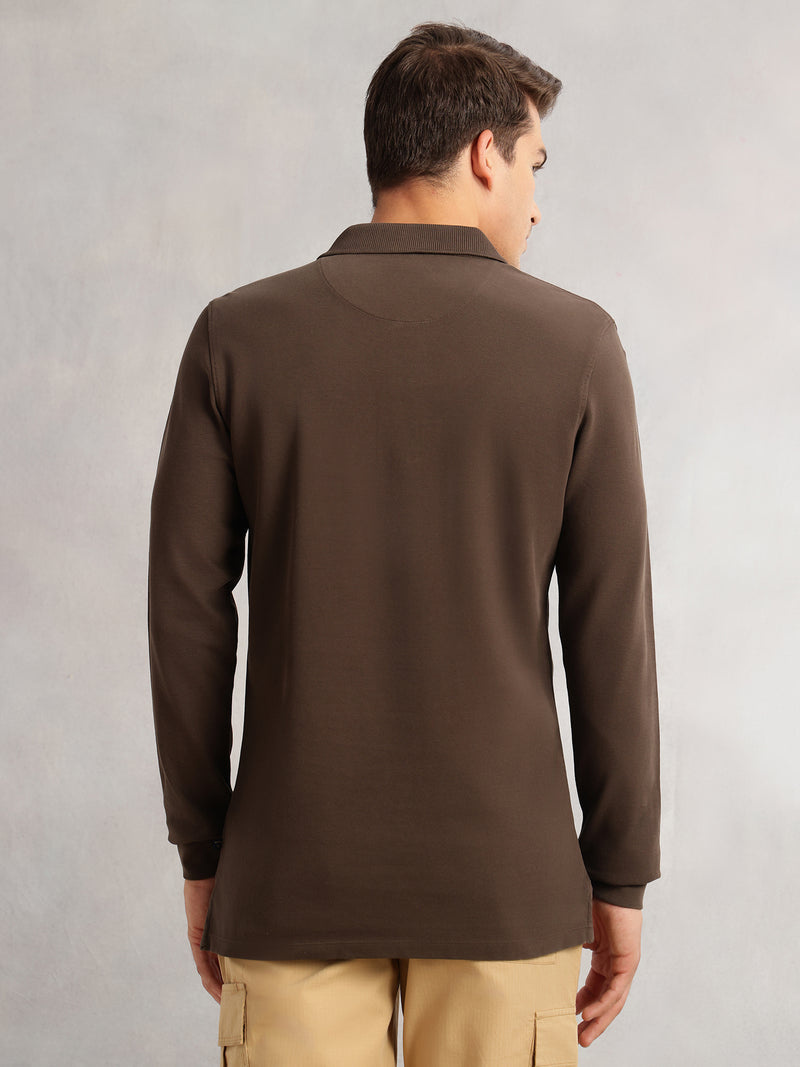 Thomas Scott Men Olive Regular Fit Solid Polo Collar Long Sleeve Pure Cotton Knitted T-shirt