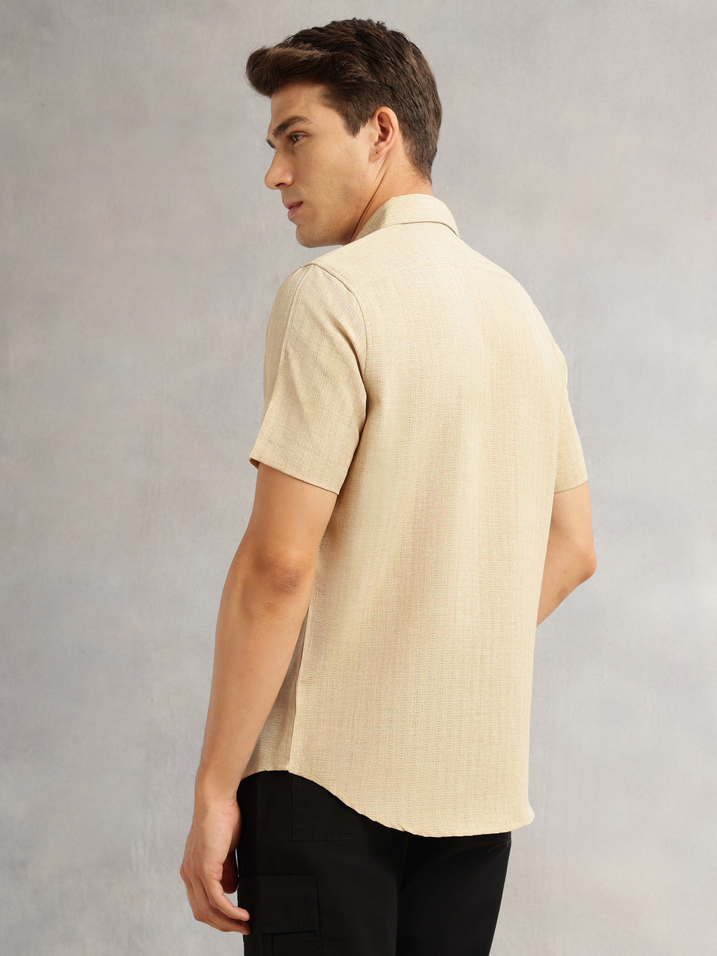Thomas Scott Men Beige Premium Regular Fit Short Sleeves Spread Collar Polyester Casual Shirt