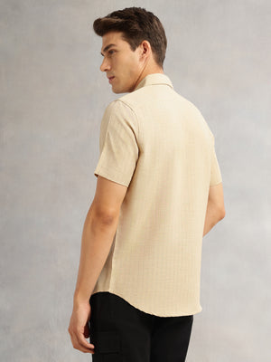 Thomas Scott Men Beige Premium Regular Fit Short Sleeves Spread Collar Polyester Casual Shirt