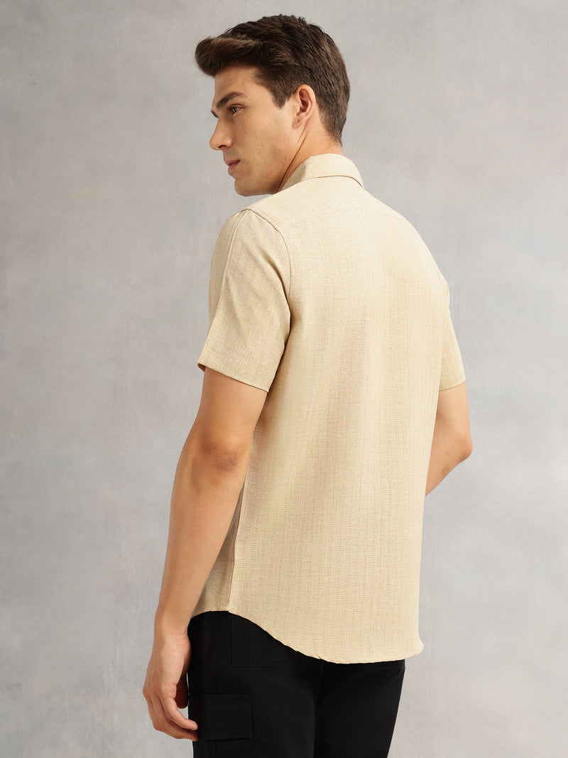 Thomas Scott Men Beige Premium Regular Fit Short Sleeves Spread Collar Polyester Casual Shirt