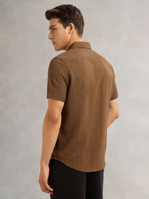 Thomas Scott Men Brown Premium Regular Fit Short Sleeves Spread Collar Polyester Casual Shirt
