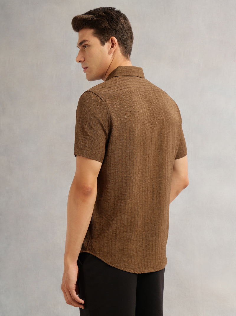 Thomas Scott Men Brown Premium Regular Fit Short Sleeves Spread Collar Polyester Casual Shirt