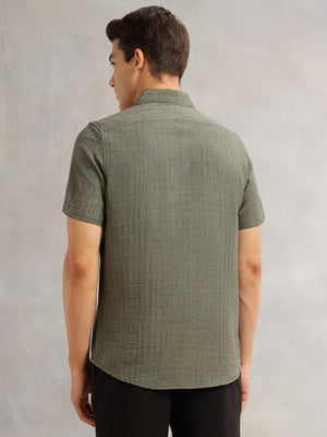 Thomas Scott Men Olive Premium Regular Fit Short Sleeves Spread Collar Polyester Casual Shirt