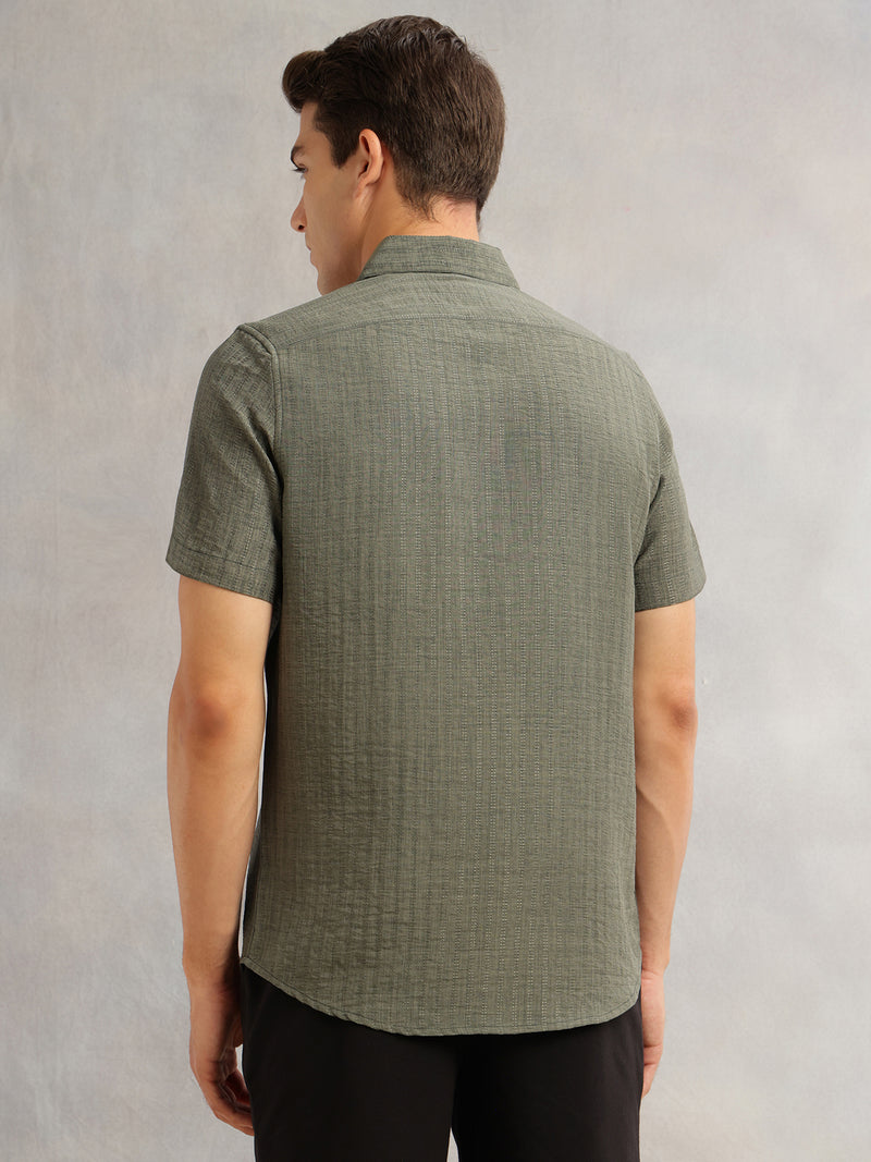 Thomas Scott Men Olive Premium Regular Fit Short Sleeves Spread Collar Polyester Casual Shirt