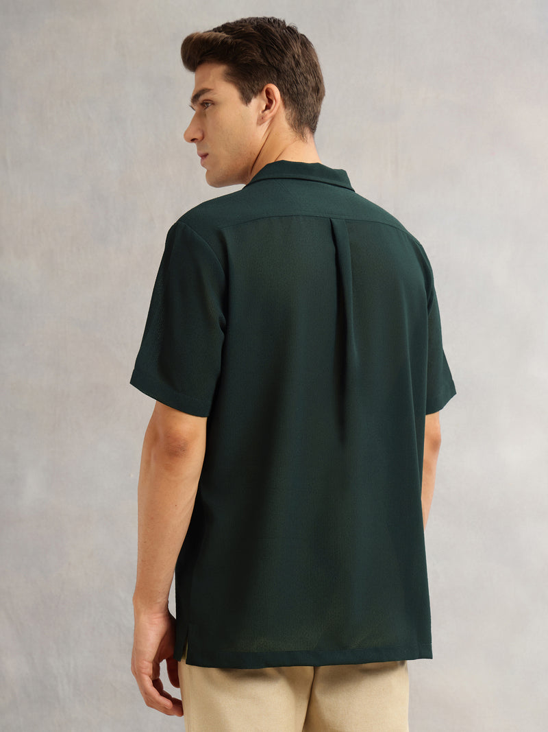 Thomas Scott Men Green Premium Oversize Fit Short Sleeves Camp Collar Textured Polyester Casual Shirt