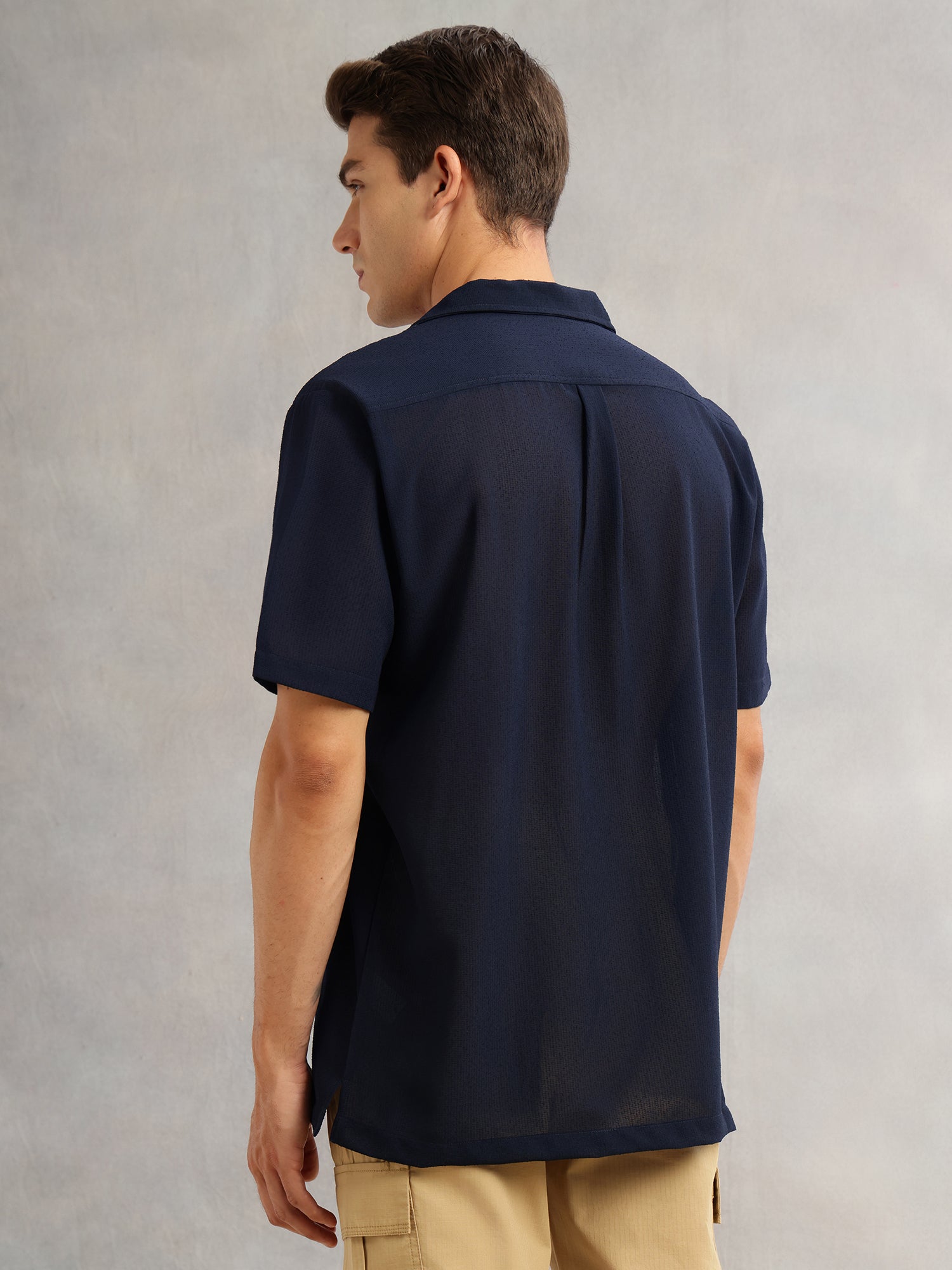 Thomas Scott Men Navy Premium Oversize Fit Short Sleeves Camp Collar Textured Polyester Casual Shirt