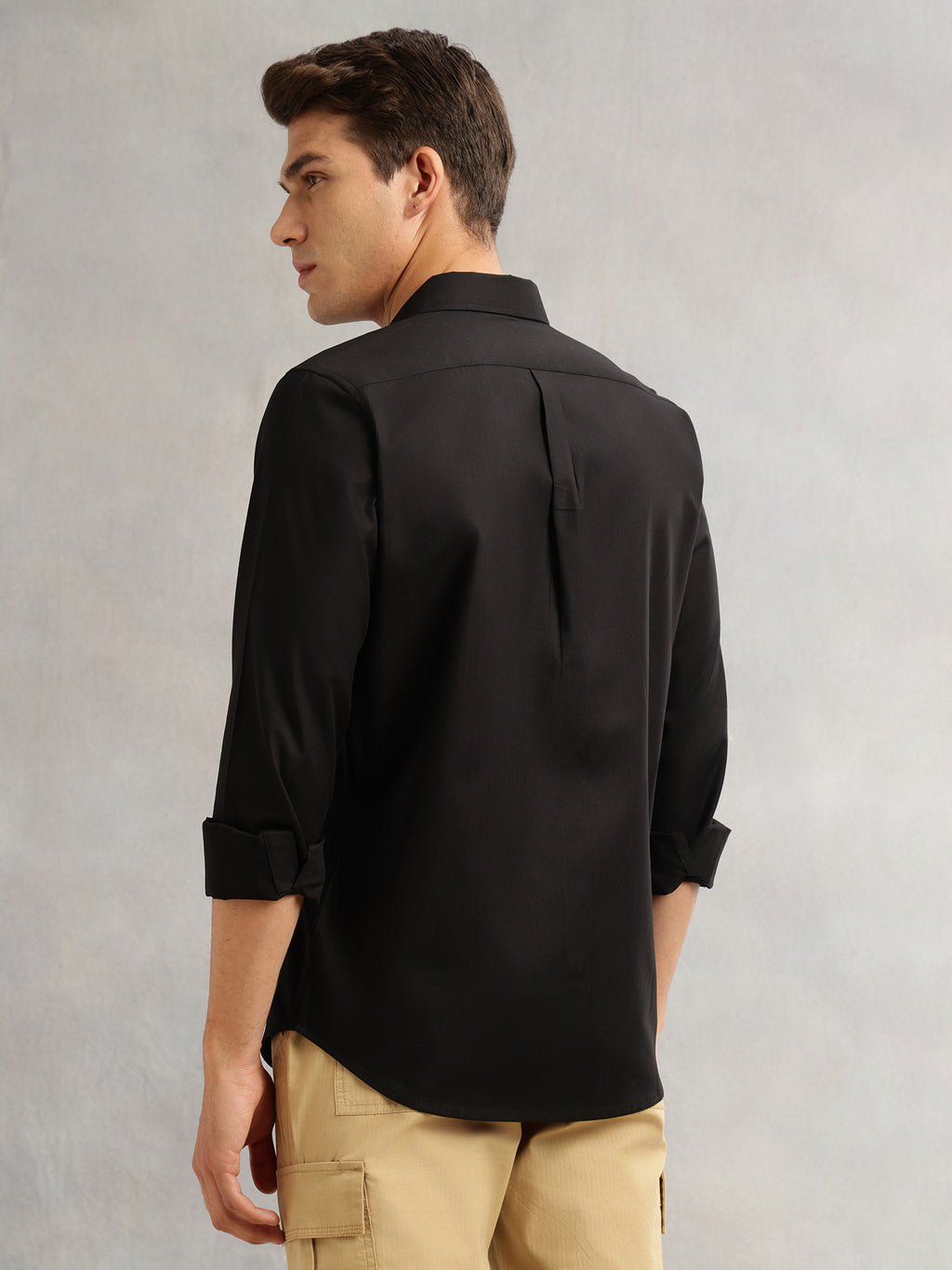 Thomas Scott Men Black Premium Regular Fit Long Sleeves Spread Collar Textured 100% Cotton Casual Shirt