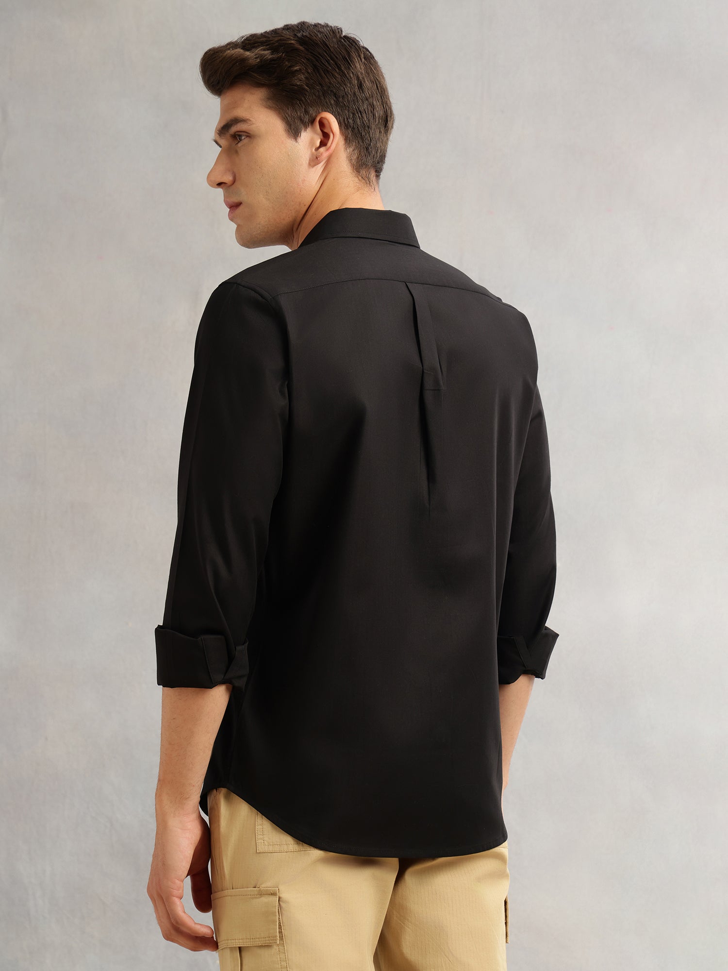 Thomas Scott Men Black Premium Regular Fit Long Sleeves Spread Collar Textured 100% Cotton Casual Shirt
