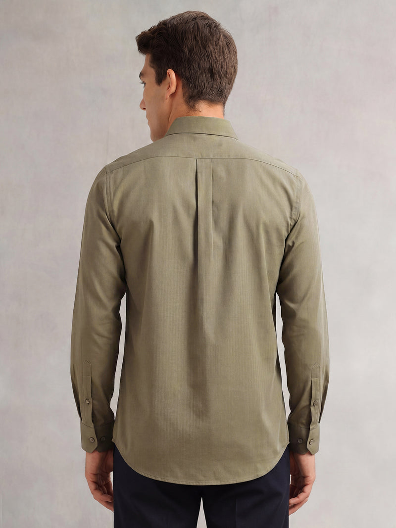 Thomas Scott Men Olive Premium Regular Fit Long Sleeves Spread Collar Textured 100% Cotton Casual Shirt