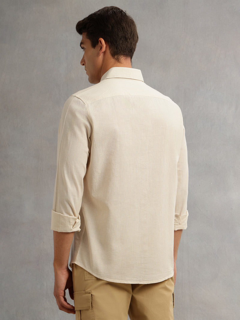 Thomas Scott Men Beige Cricket Club Collection Premium Slim Fit Long Sleeves Spread Collar Textured Cotton Linen Shirt