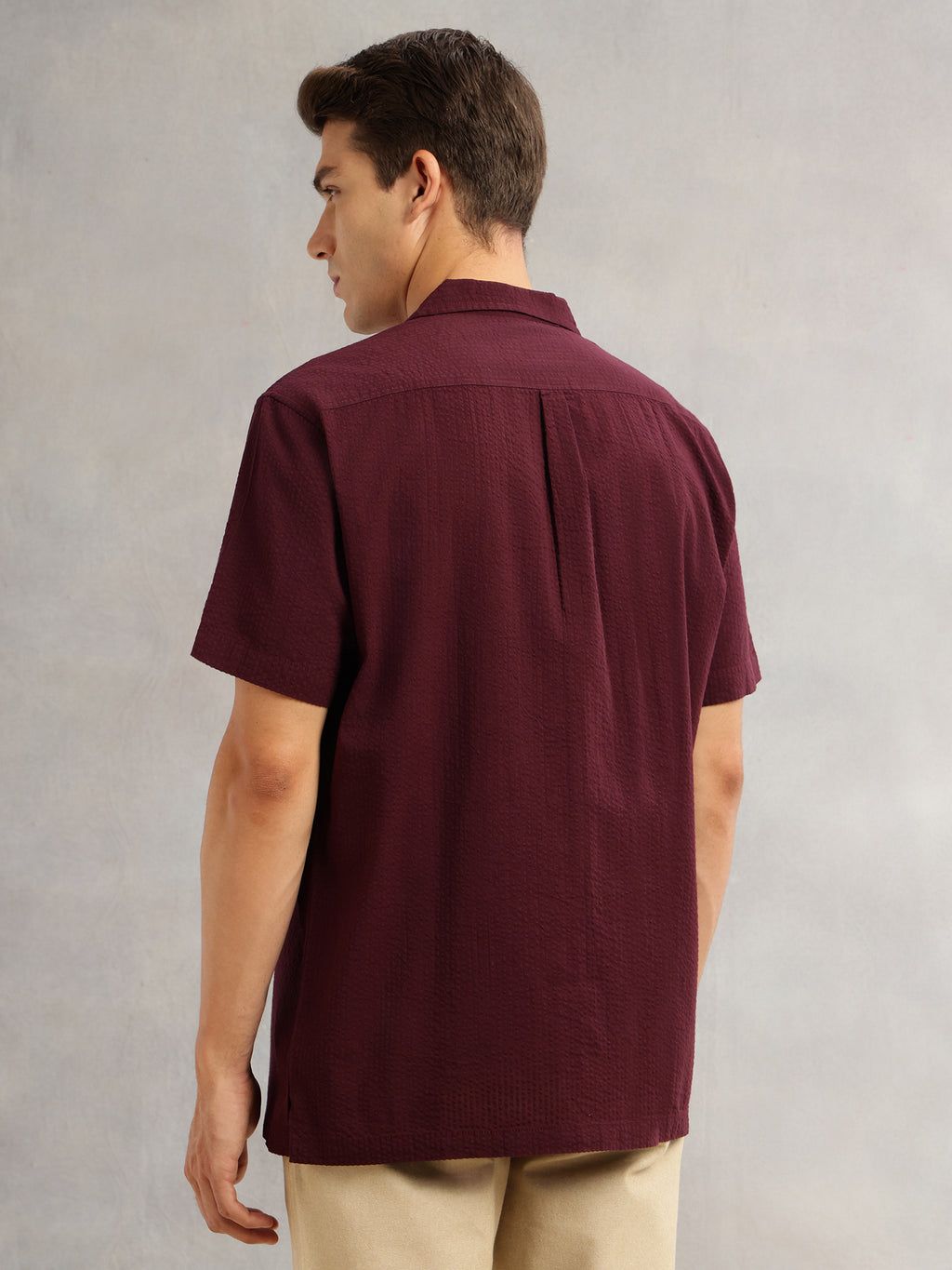 Thomas Scott Men Wine Premium Oversized Fit Short Sleeves Cuban Collar 100% Cotton Seersucker Shirt