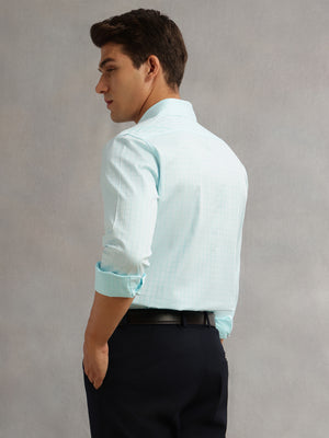 Thomas Scott Men Aqua Premium Long Sleeves Spread Collar Regular Fit Windowpane Checks 100% Cotton Formal Shirt