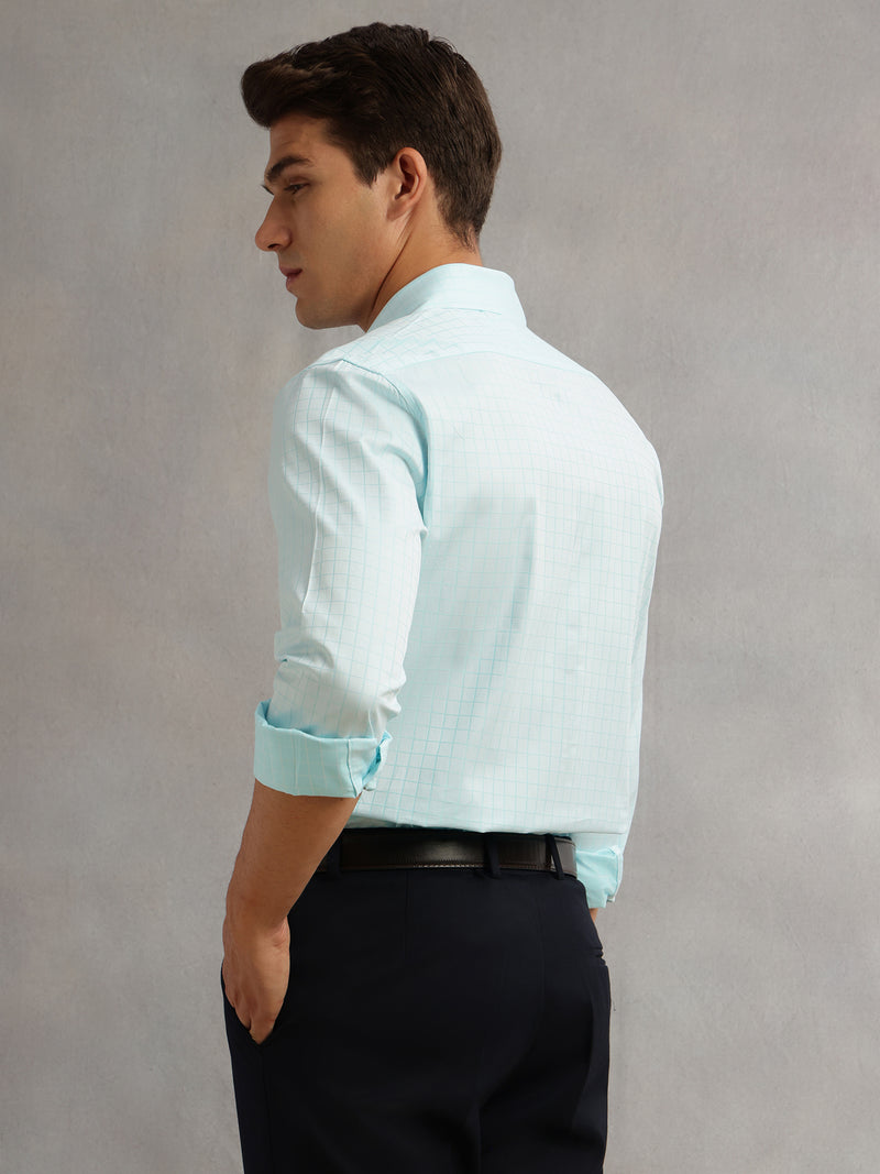 Thomas Scott Men Aqua Premium Long Sleeves Spread Collar Regular Fit Windowpane Checks 100% Cotton Formal Shirt