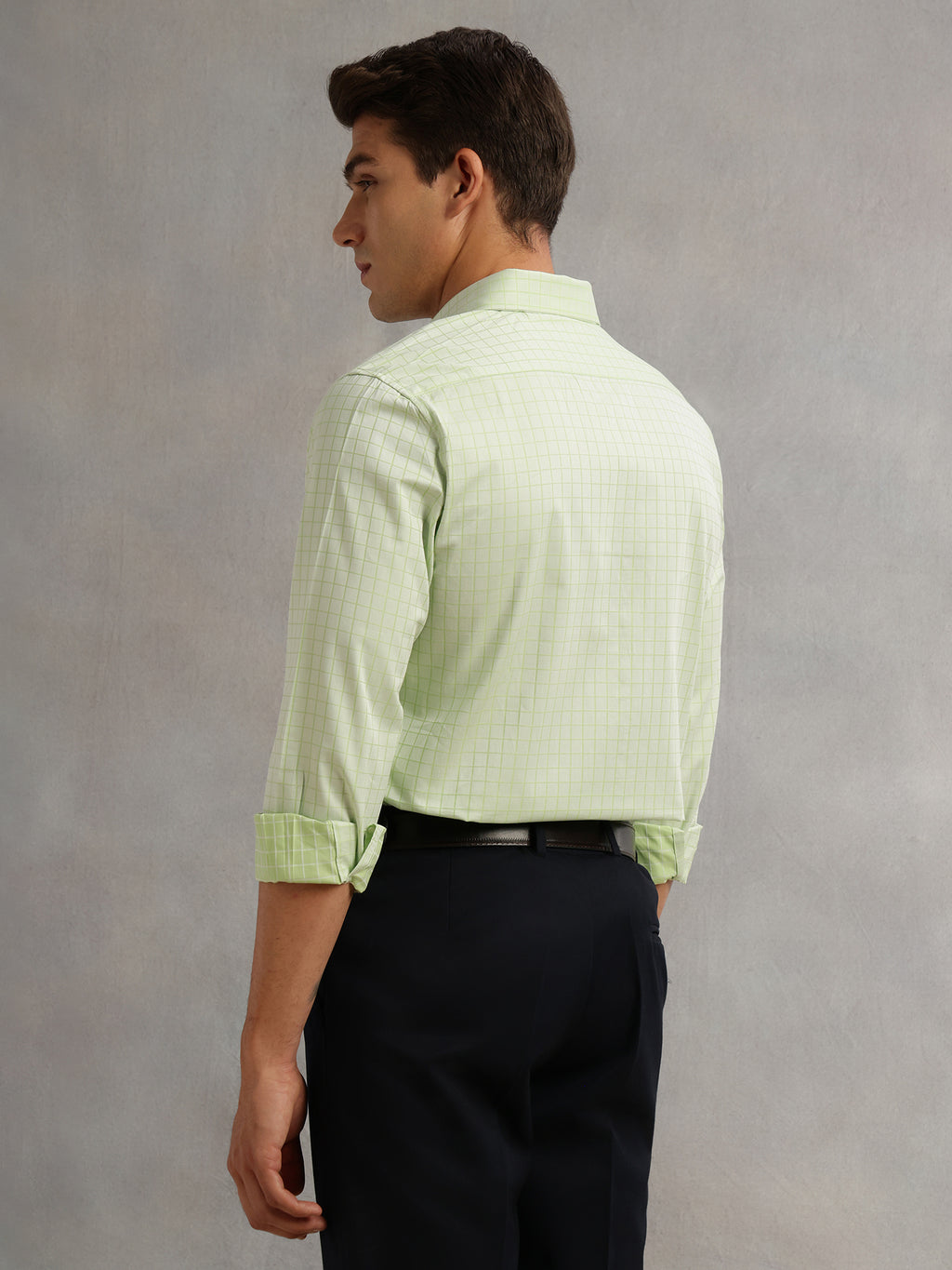 Thomas Scott Men Green Premium Long Sleeves Spread Collar Regular Fit Windowpane Checks 100% Cotton Formal Shirt