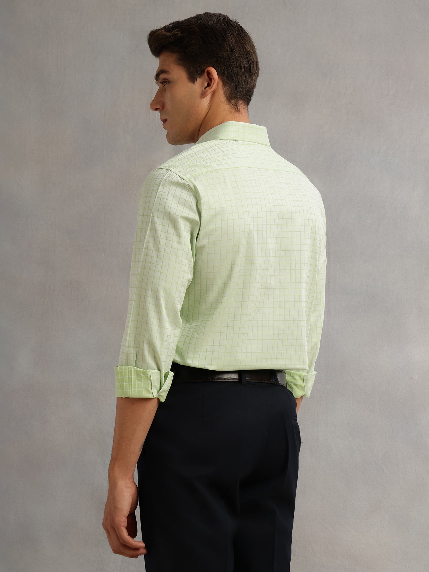 Thomas Scott Men Green Premium Long Sleeves Spread Collar Regular Fit Windowpane Checks 100% Cotton Formal Shirt