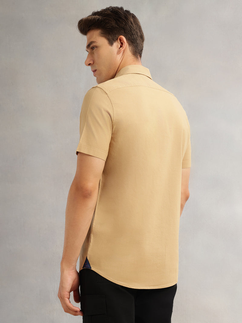 Thomas Scott Men Khaki Premium Short Sleeves Slim Fit Spread Collar 2 Flap Pockets Solid Cotton Linen Casual Shirt