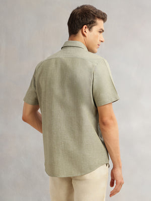 Dark Olive Premium Short Sleeves Slim Fit Spread Collar Solid Cotton Linen Casual Shirt For Men