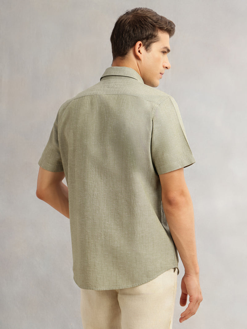 Thomas Scott Men Dark Olive Premium Short Sleeves Slim Fit Spread Collar Solid Cotton Linen Casual Shirt