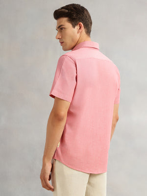 Red Premium Short Sleeves Slim Fit Spread Collar Solid Cotton Linen Casual Shirt For Men