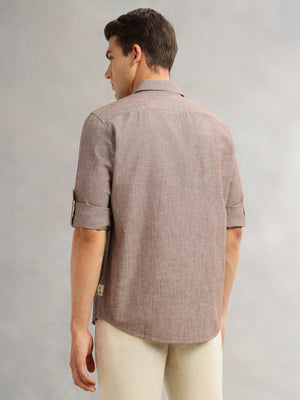 Thomas Scott Men Brown Premium Slim Fit Long Roll-Up Sleeves Spread Collar Solid Linen Casual Shirt