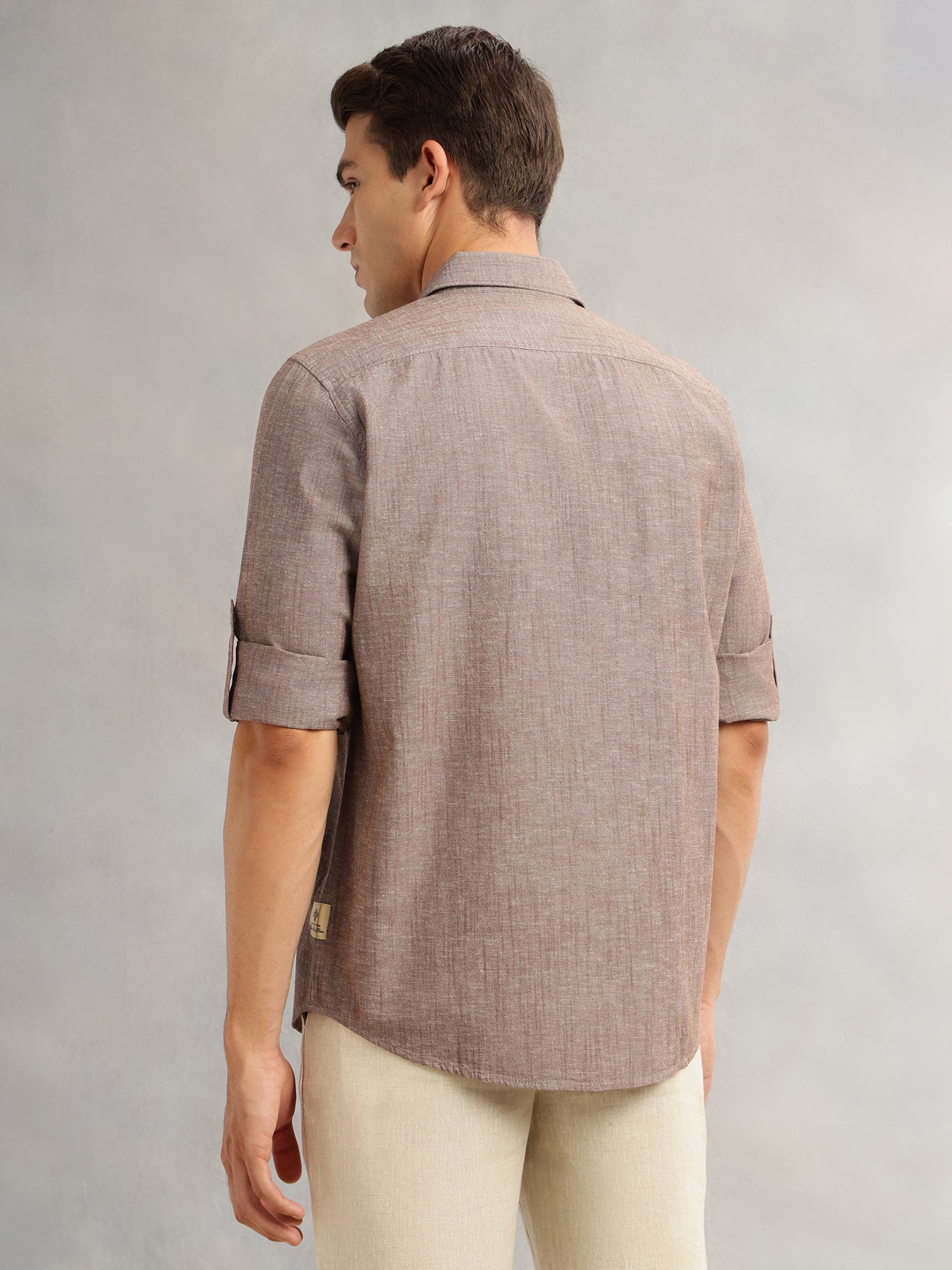 Thomas Scott Men Brown Premium Slim Fit Long Roll-Up Sleeves Spread Collar Solid Linen Casual Shirt
