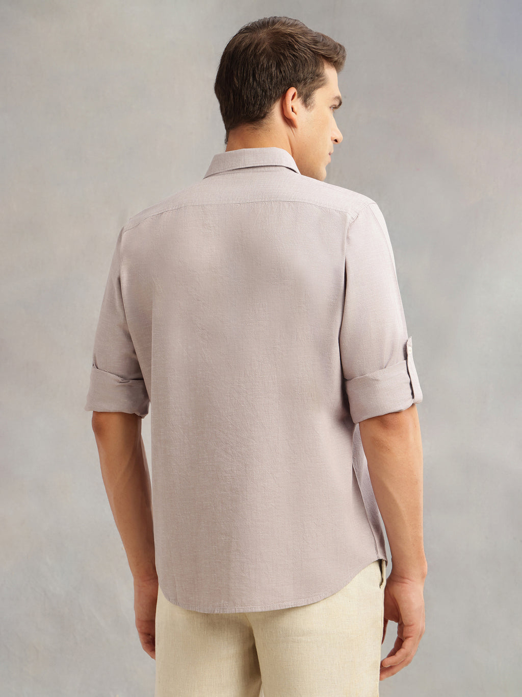 Thomas Scott Men Light Grey Premium Slim Fit Long Roll-Up Sleeves Spread Collar Solid Linen Casual Shirt