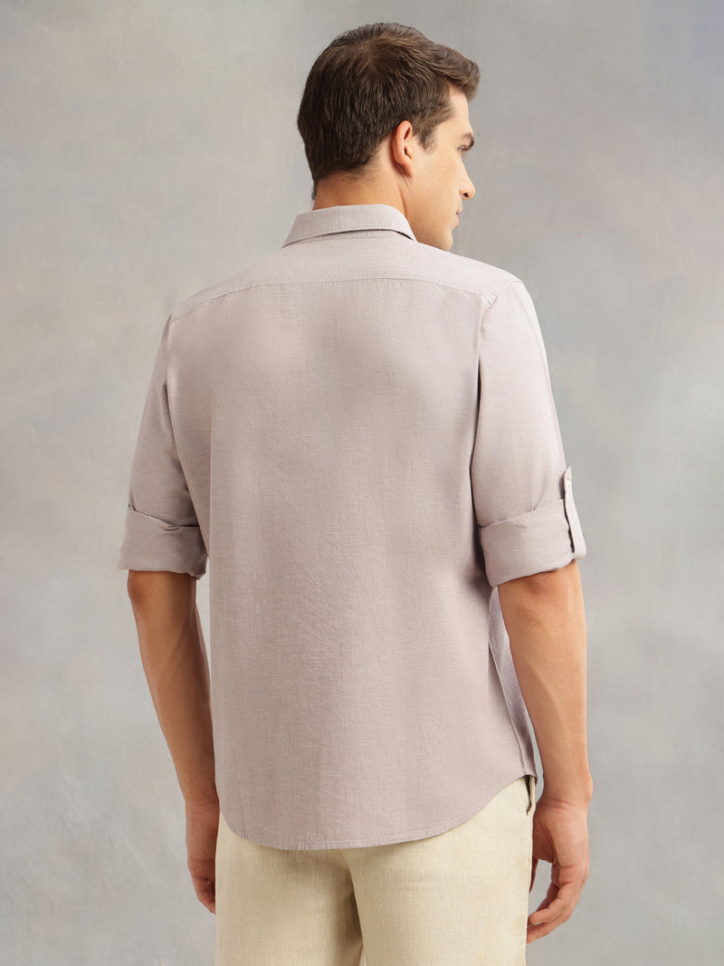 Thomas Scott Men Light Grey Premium Slim Fit Long Roll-Up Sleeves Spread Collar Solid Linen Casual Shirt