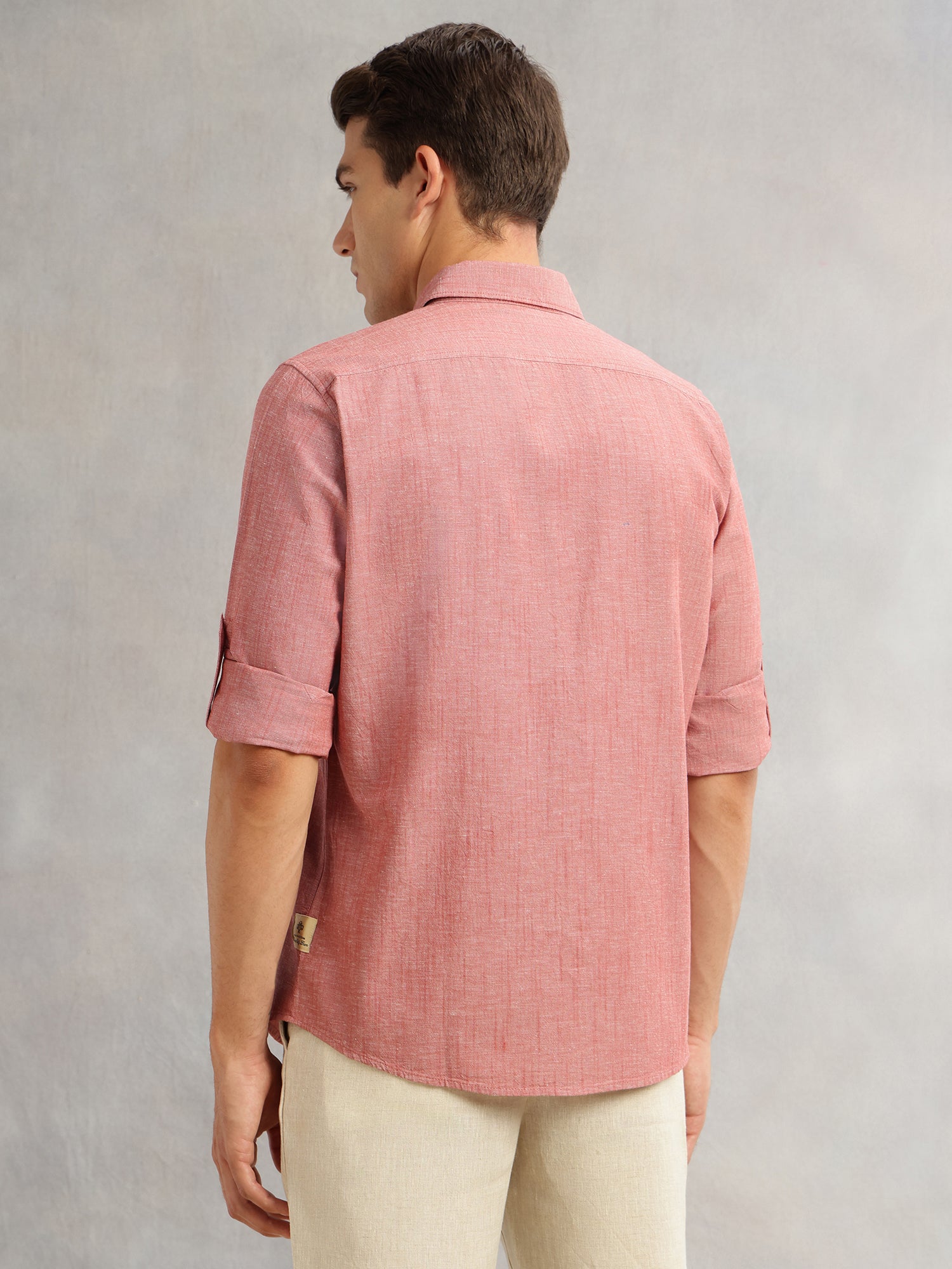 Thomas Scott Men Maroon Premium Slim Fit Long Roll-Up Sleeves Spread Collar Solid Linen Casual Shirt