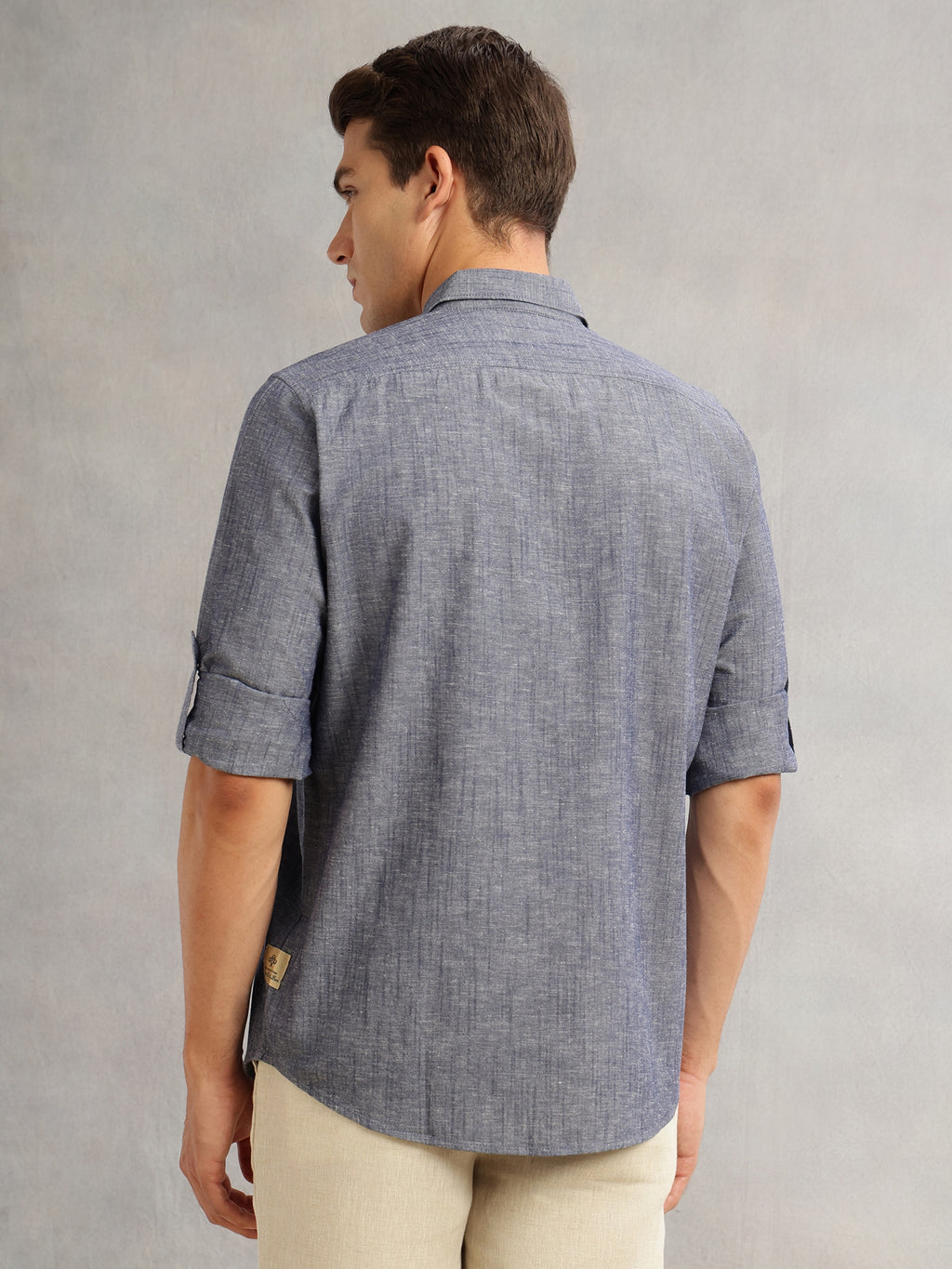 Thomas Scott Men Navy1 Premium Slim Fit Long Roll-Up Sleeves Spread Collar Solid Linen Casual Shirt