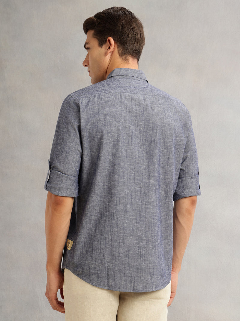 Thomas Scott Men Navy1 Premium Slim Fit Long Roll-Up Sleeves Spread Collar Solid Linen Casual Shirt