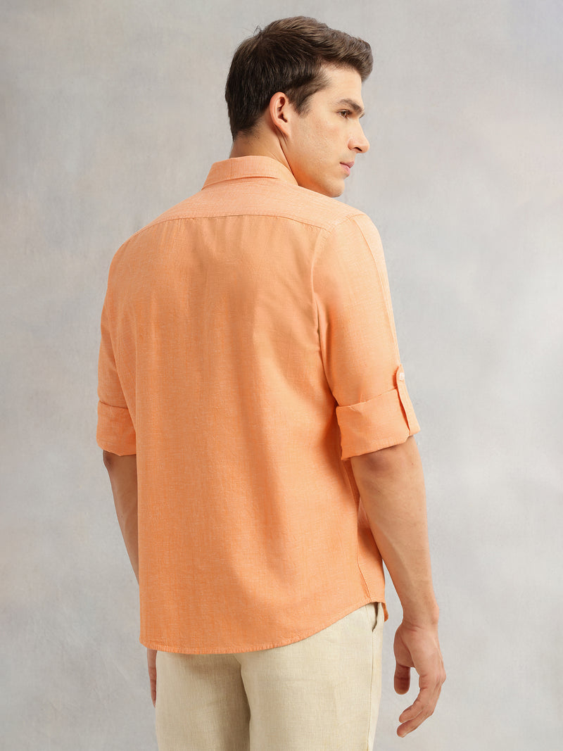 Thomas Scott Men Orange Premium Slim Fit Long Roll-Up Sleeves Spread Collar Solid Linen Casual Shirt