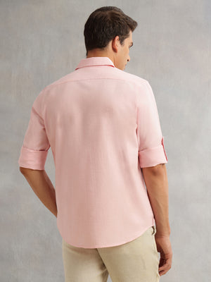Pink Premium Slim Fit Long Roll-Up Sleeves Spread Collar Solid Linen Casual Shirt For Men