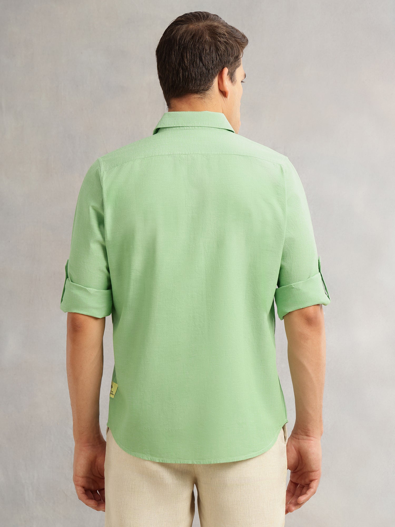 Thomas Scott Men Pista Premium Slim Fit Long Roll-Up Sleeves Spread Collar Solid Linen Casual Shirt