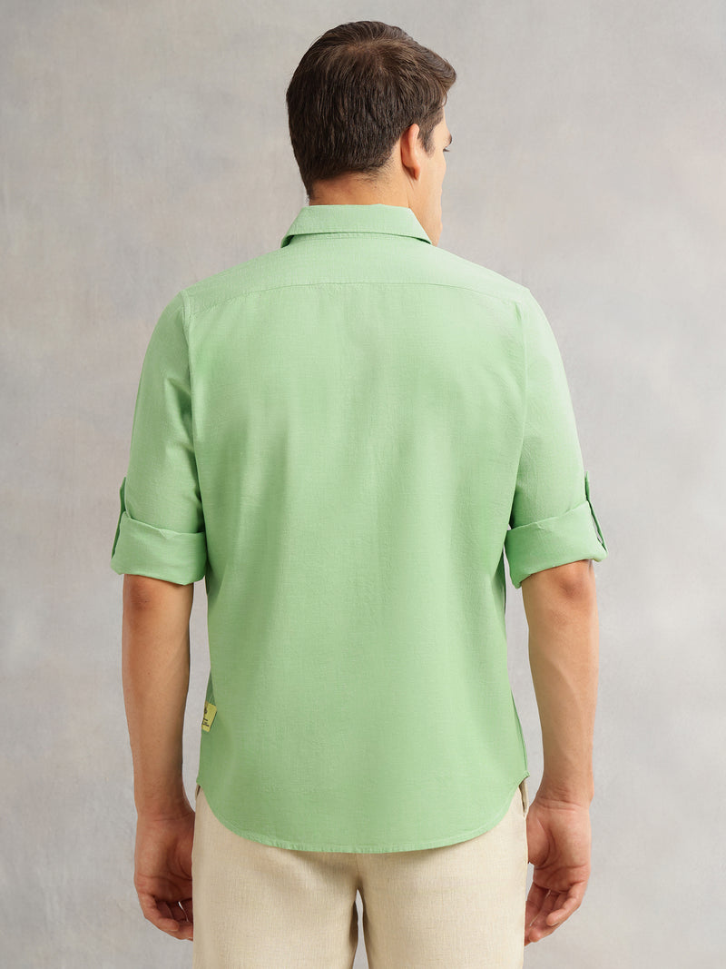 Thomas Scott Men Pista Premium Slim Fit Long Roll-Up Sleeves Spread Collar Solid Linen Casual Shirt