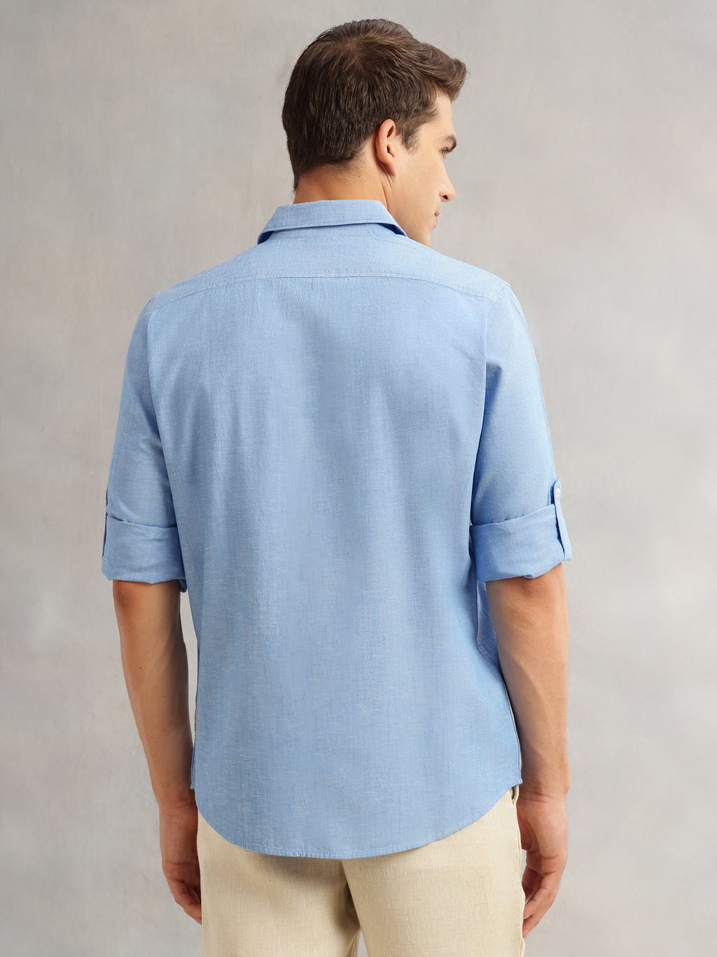 Thomas Scott Men Royal Blue Premium Slim Fit Long Roll-Up Sleeves Spread Collar Solid Linen Casual Shirt