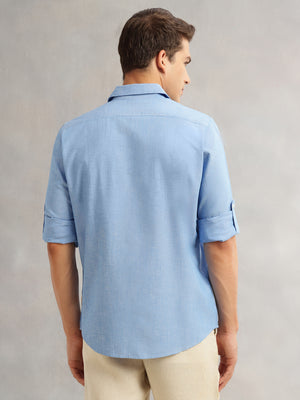 Royal Blue Premium Slim Fit Long Roll-Up Sleeves Spread Collar Solid Linen Casual Shirt For Men