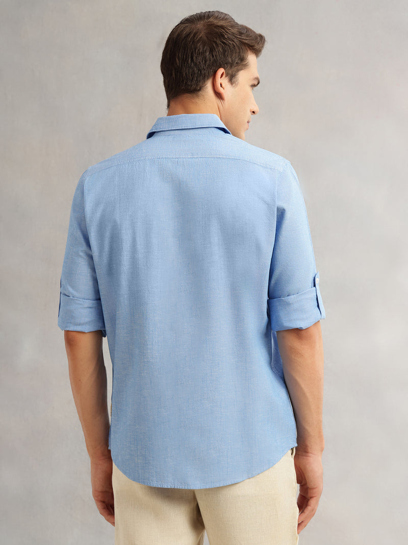 Thomas Scott Men Royal Blue Premium Slim Fit Long Roll-Up Sleeves Spread Collar Solid Linen Casual Shirt