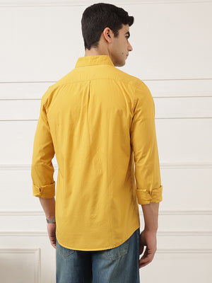 Yellow Premium Regular Fit Long Sleeves Spread Collar Solid Cotton Casual Shirt For Men