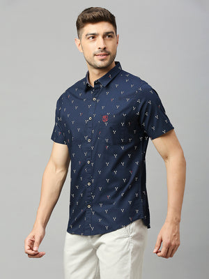 Thomas Scott Men Royal Navy Classic Short Sleeves Slim Fit Spread Collar Conversational Printed Cotton Casual Shirt