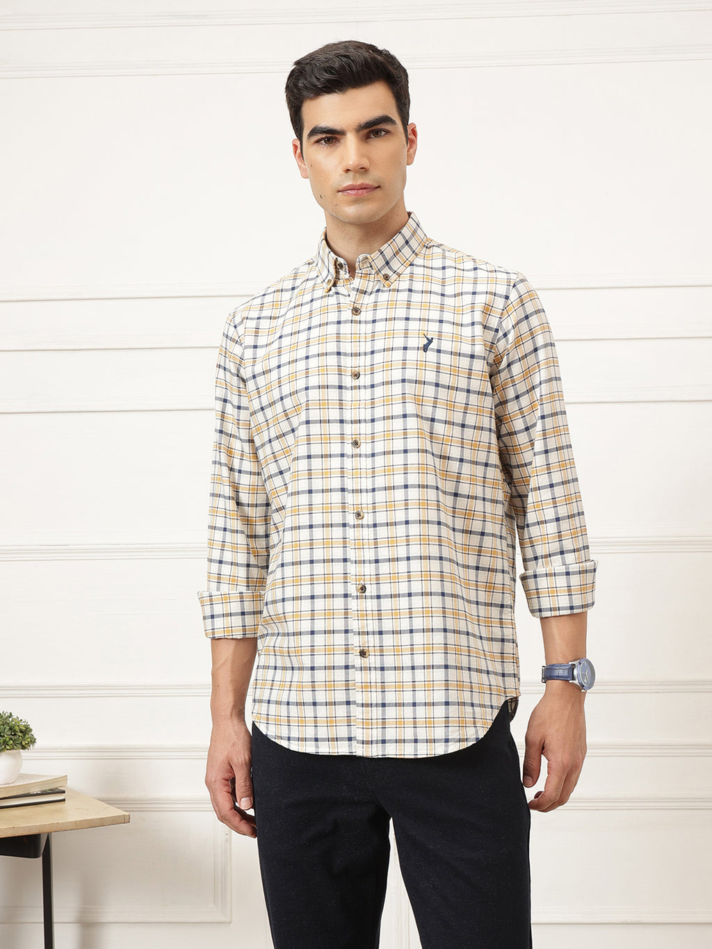 Off White Premium Regular Fit Tartan Checks Cotton Oxford Shirt For Men