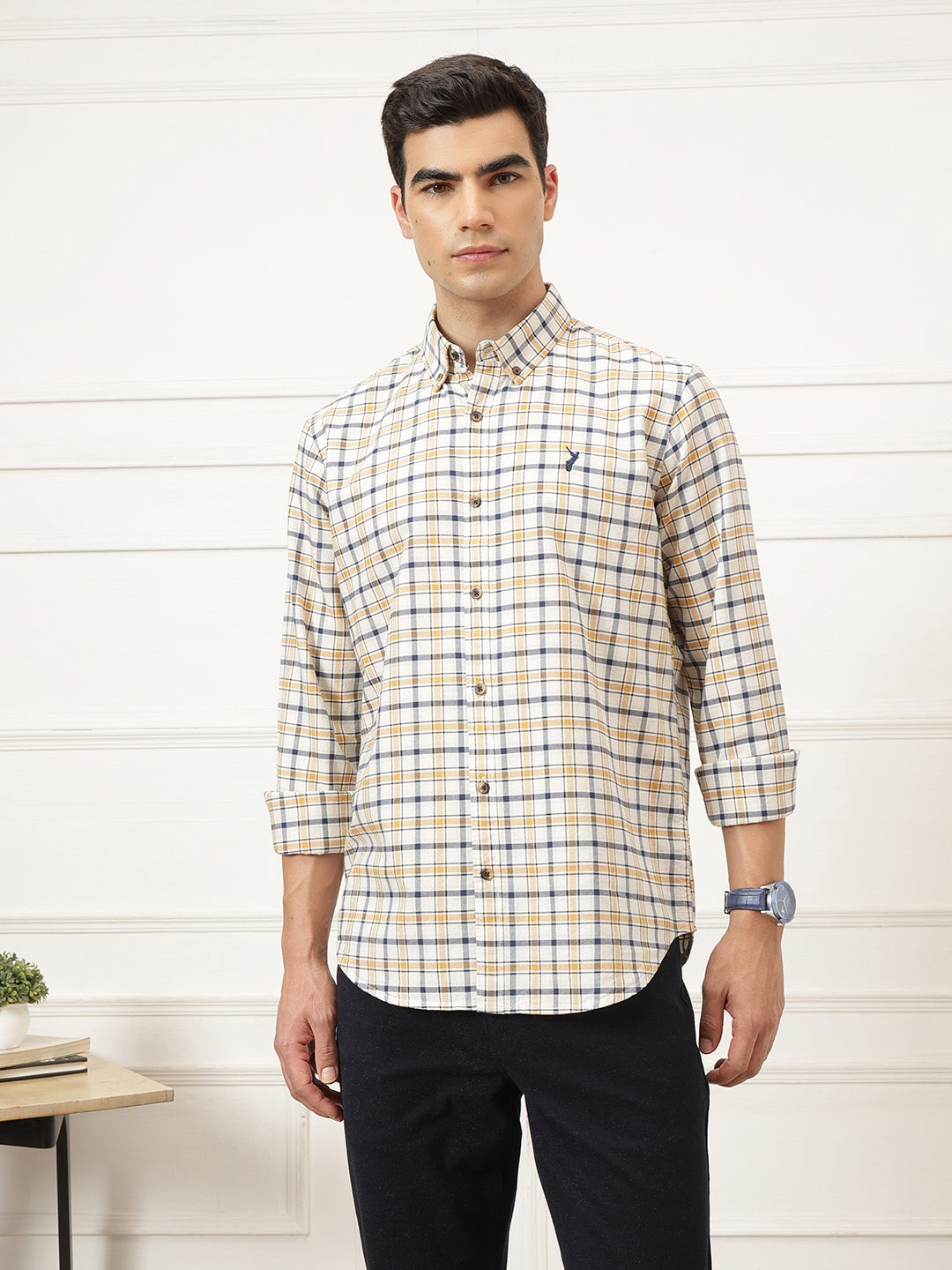 Off White Premium Regular Fit Tartan Checks Cotton Oxford Shirt For Men
