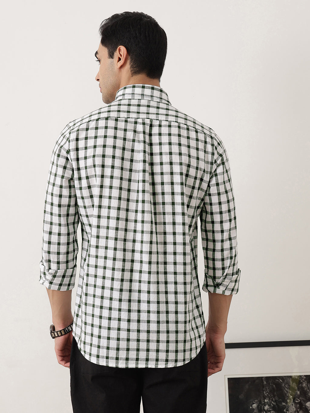 Thomas Scott Men Green Regular Fit Long Sleeves Gingham Checks Button Down Collar Cotton Linen Casual Shirts